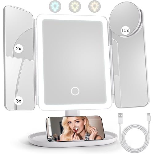 Lighted Makeup Vanity Mirror, Height Adjustable Trifold Mirror with Seamless Light Strip, 1X/2X/3X/10X Magnification, 2000mAh Rechargeable Desk Mirror, Dimmable 3 Color Lighting, Gifts for Mom Women