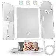 Lighted Makeup Vanity Mirror, Height Adjustable Trifold Mirror with Seamless Light Strip, 1X/2X/3X/10X Magnification, 2000mAh Rechargeable Desk Mirror, Dimmable 3 Color Lighting, Gifts for Mom Women