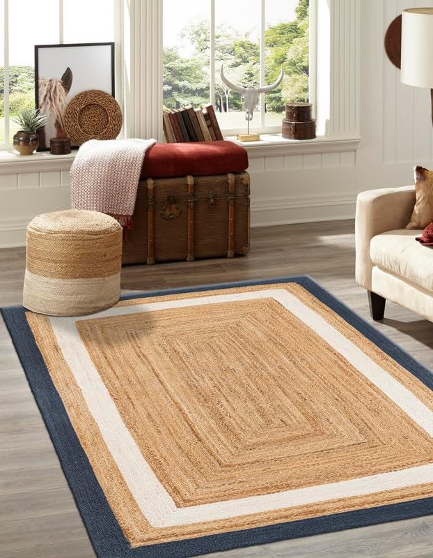 Tapis rustique en jute tressé à la main pour salon, chambre à coucher, salle à manger et entrée, beige, bleu marine et blanc, 1,5 x 2,4 m