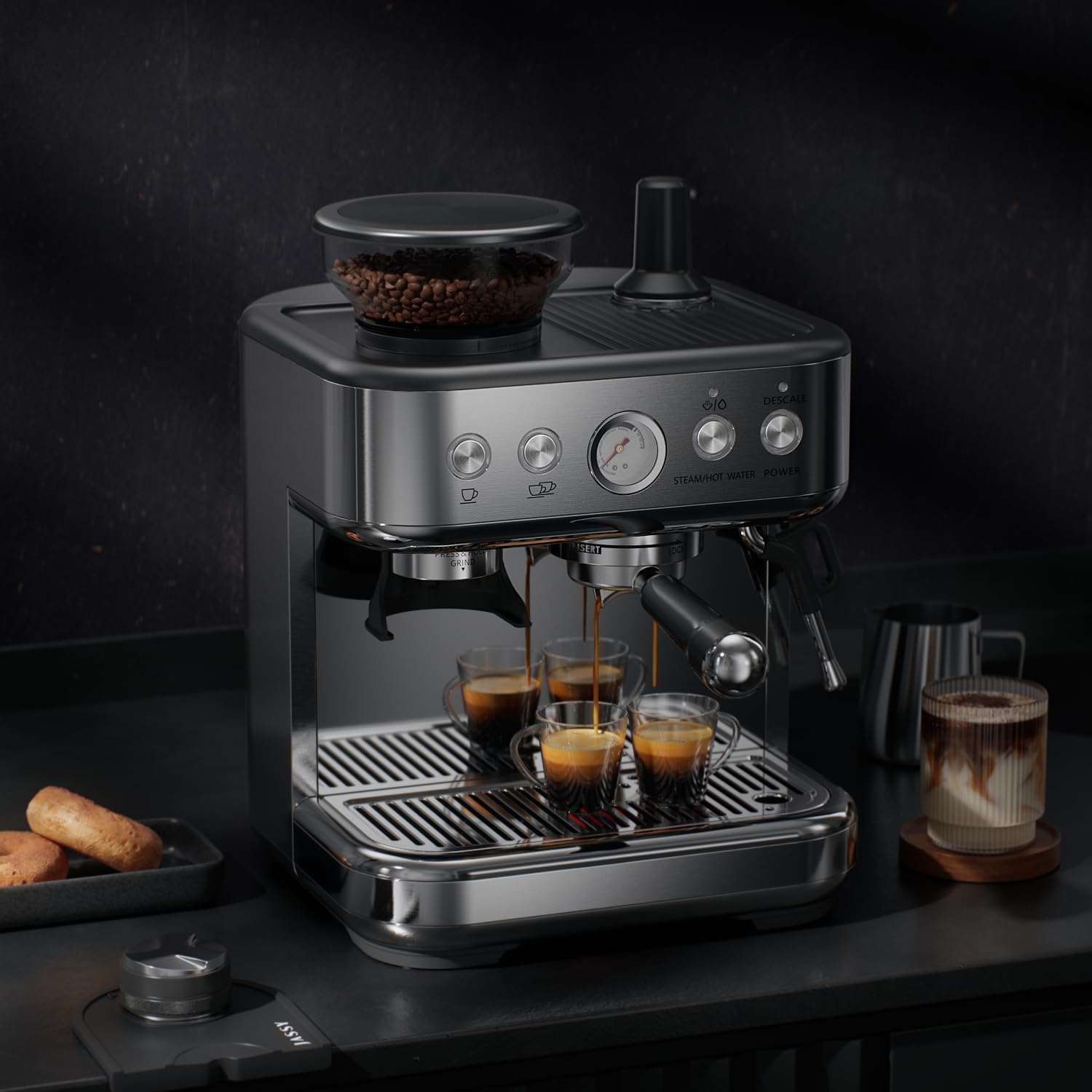 Macchina da caffè espresso con macinino – 15 bar, 1350 W, controllo della temperatura PID & sistema di riscaldamento istantaneo, acciaio inox e cromato, serbatoio dell'acqua da 2,3 l, ugello per