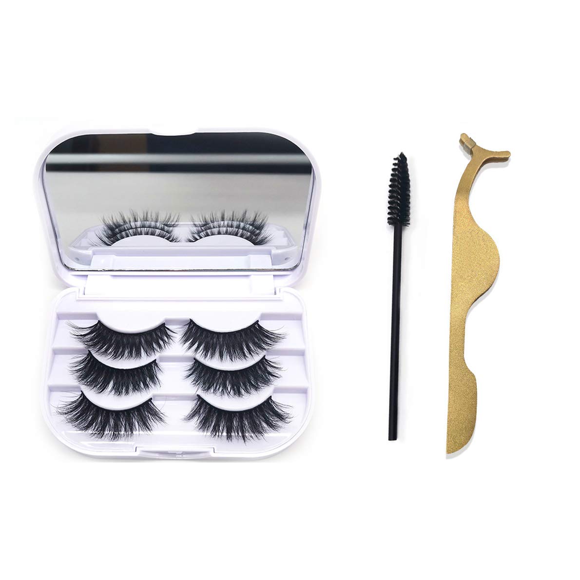 KallyHair 3D Mink Lashes 20mm Pack 3 Pairs Natural Mink Eyelashes Hand-Made Reusable Luxury Eye Lashes with Mirror Case