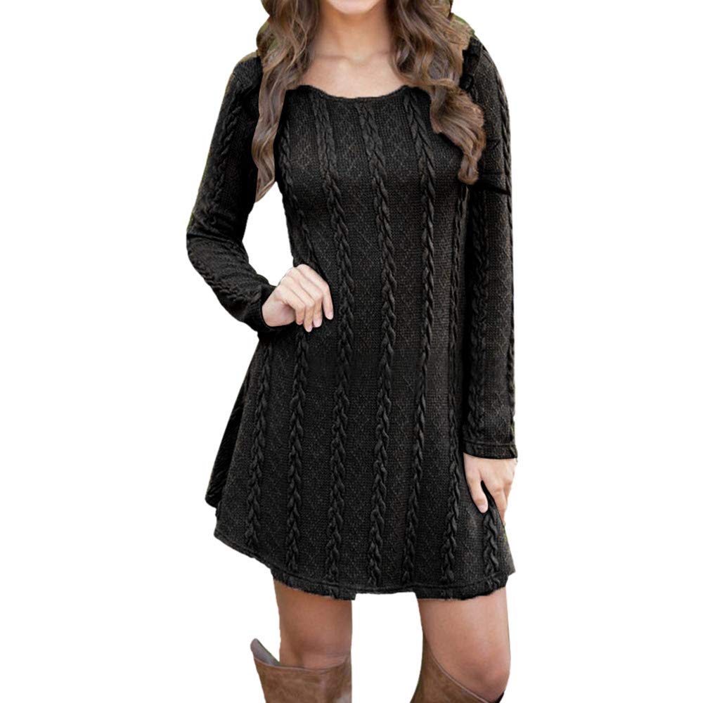 iFOMO Ladies Long Sleeve Crewneck Slim Casual Knitted Sweater Mini Dress for Women
