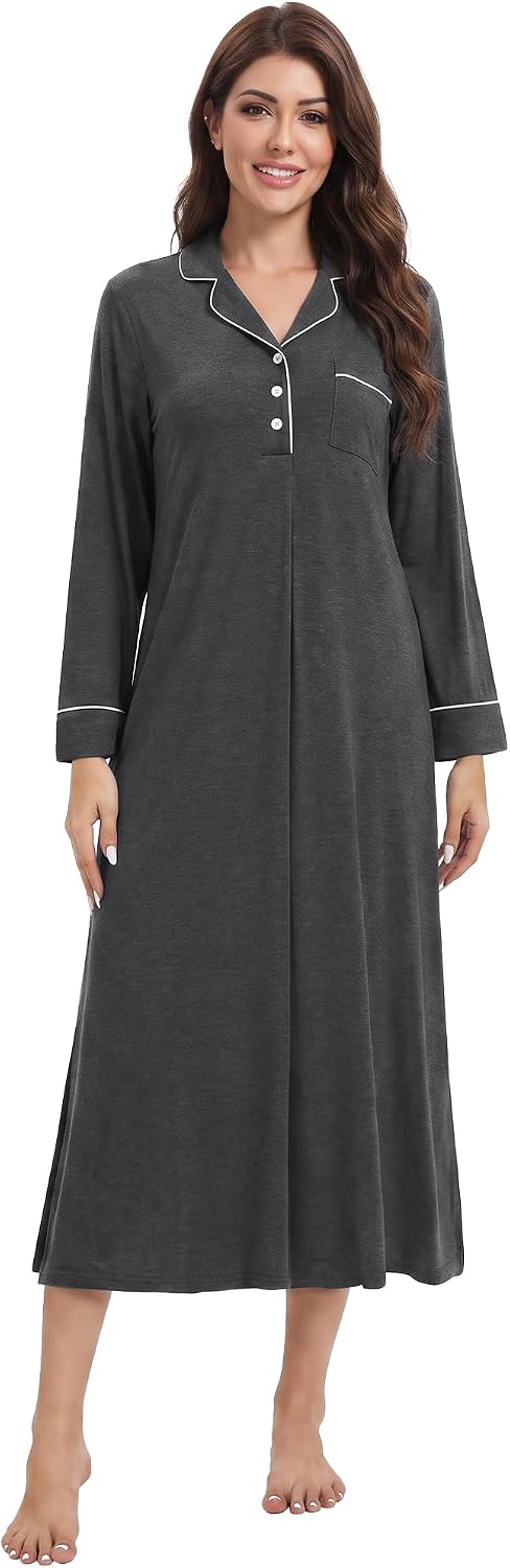 WiWi Nightgowns for Women Super Soft Sleepwear Long Sleeve V Neck Nightshirts Viscose from Bamboo Cooling Nightdress S-XXL