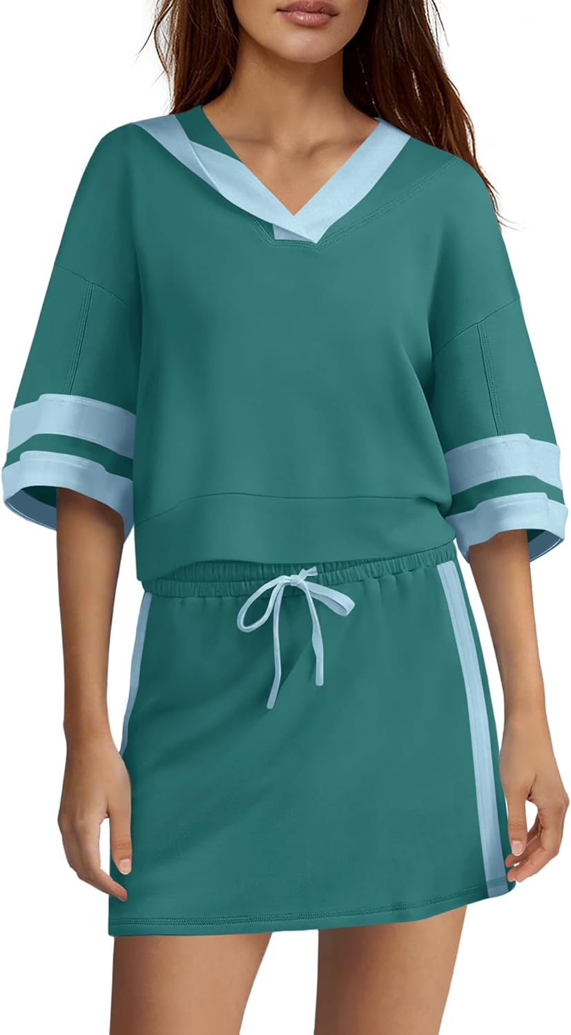 Nirovien Womens Striped 2 Piece Outfits Summer Skirt Set Half Sleeve Hoodie and Elastic Waist Skort Set Sweatsuit