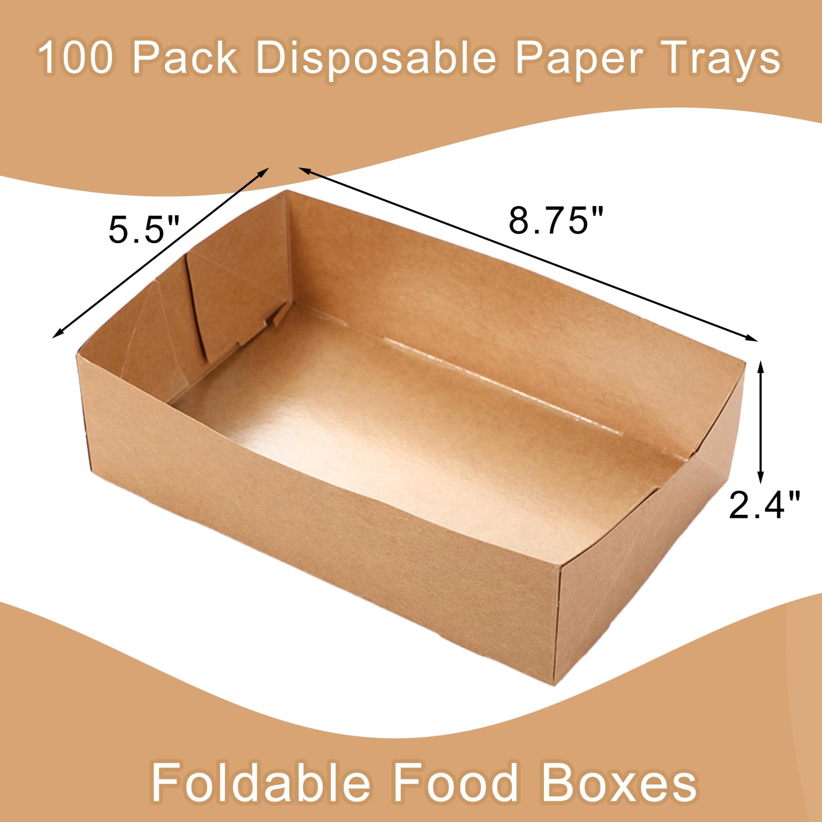 Nexboraque Confezione da 100 vassoi di carta usa e getta, rettangolari in carta kraft, pieghevoli, 4 vassoi angolari in cartone per alimenti pop-up, per fast food, nacho, snack, stadi, teatri, marrone