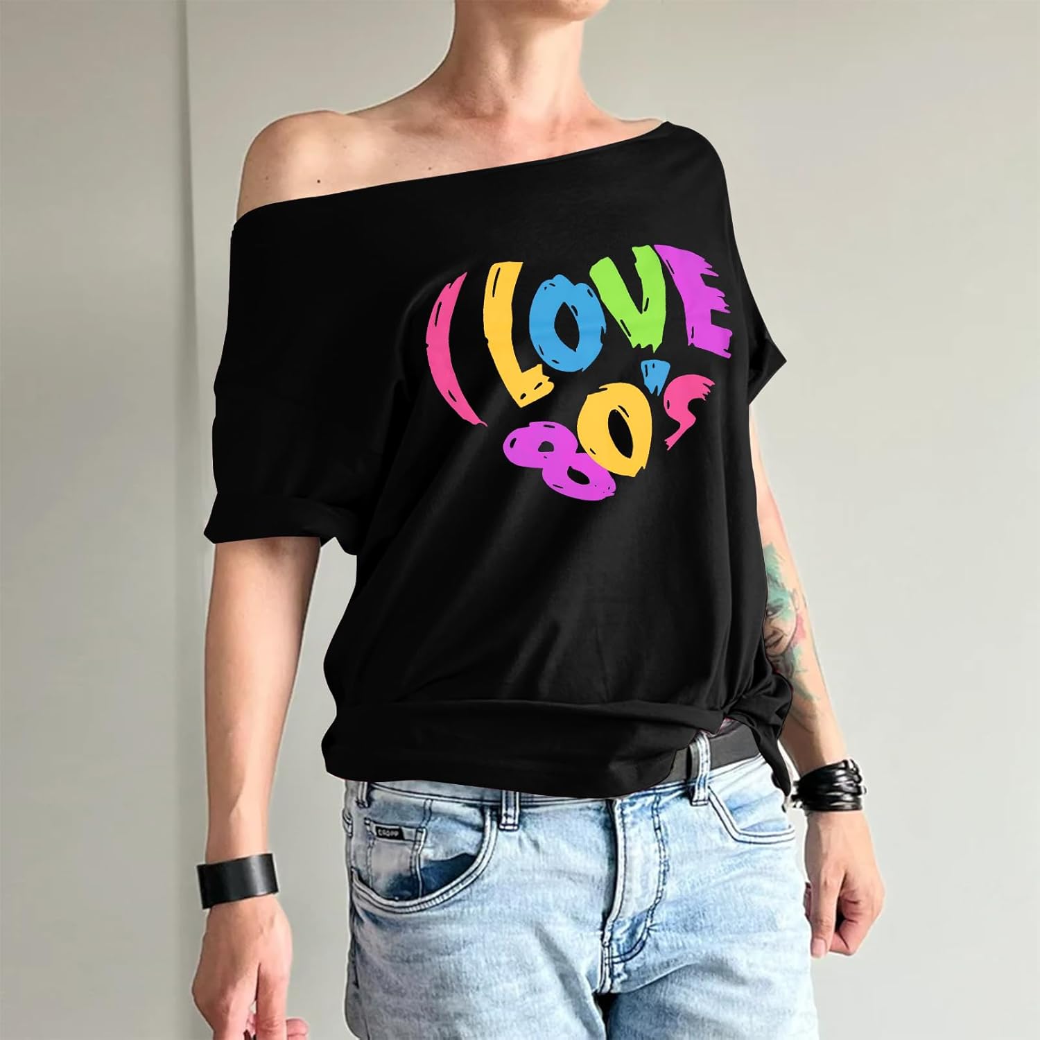 80s Outfit for Women 80's Retro Theme Party Shirts Vintage Disco Outfits 1980s Clothes 90s Neon Off Shoulder Tops - Image 4