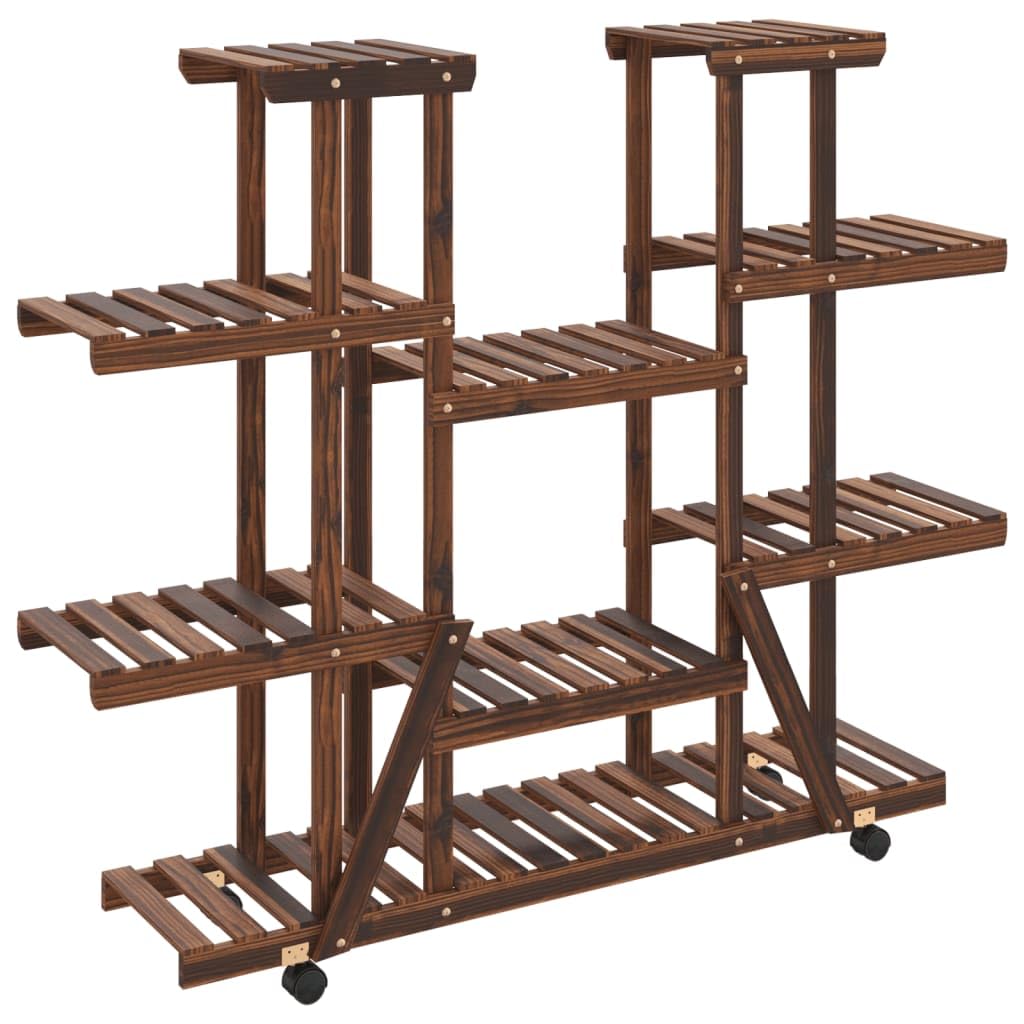 Blumenständer mit Rollen 110x25x115 cm, Pflanzenregal aus Massivholz Tanne für Wohnzimmer und Balkon, Mehrstöckiges Blumenregal Pflanzentreppe Karbonisiert