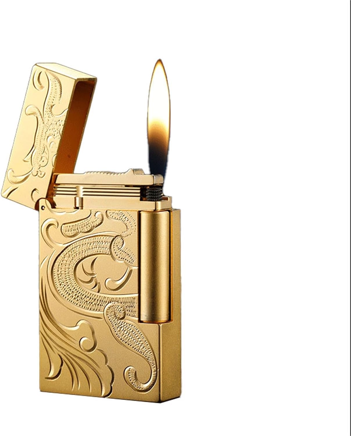 ヴィンテージグラインディングホイールブタン高級ライター、アンティーク真鍮クラシックフリップキャップ、「ディン」サウンド付き、レトロメ