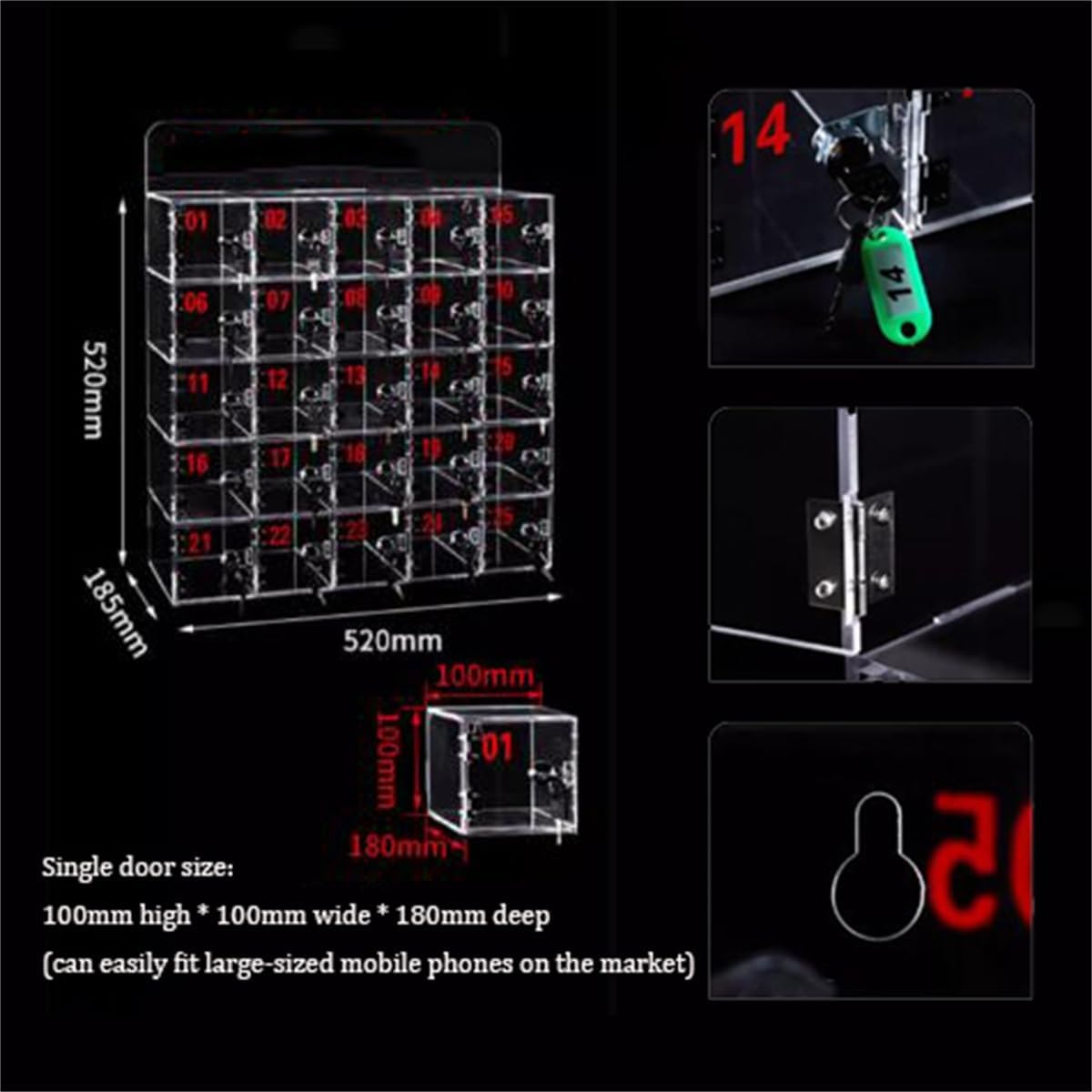 SDdPulse Armario de almacenamiento acrílico para teléfono con 25 ranuras con puertas y llaves de bloqueo, armario transparente para teléfono celular para una protección segura de dispositivos móviles