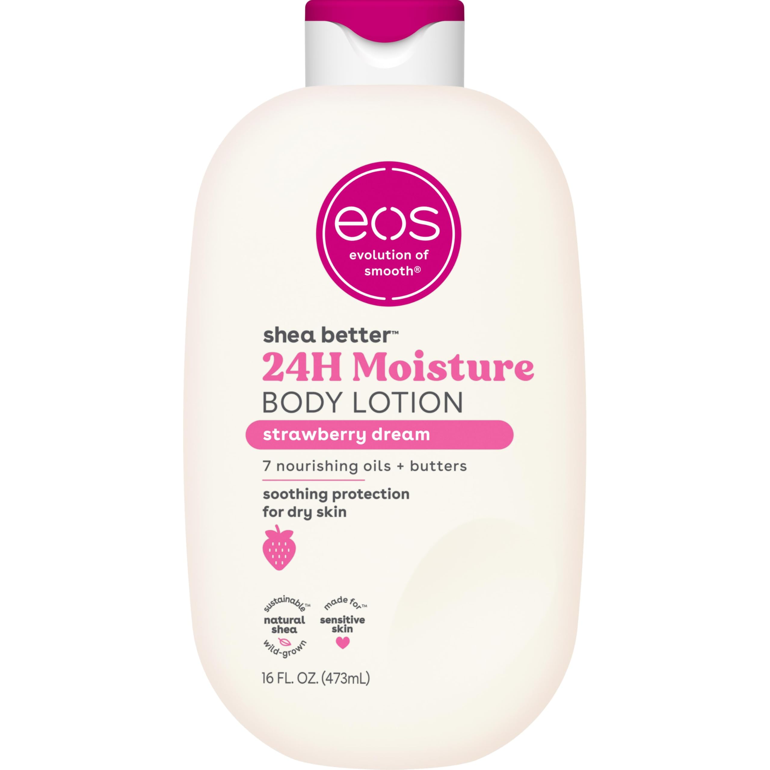 eos Shea Better Body Lotion Strawberry Dream, 16 fl oz (473 ml) | 24-Hour Hydration for Soft Skin - main product image