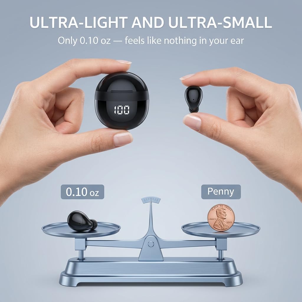 Invisible Sleep Earbuds, Ultra Small Bluetooth 5.3 Wireless Earphones for Side Sleepers, Mini Earbuds with LED Power Display, Deep Bass Stereo Sound, Touch Control, 24H Playtime Charging Case (Black)