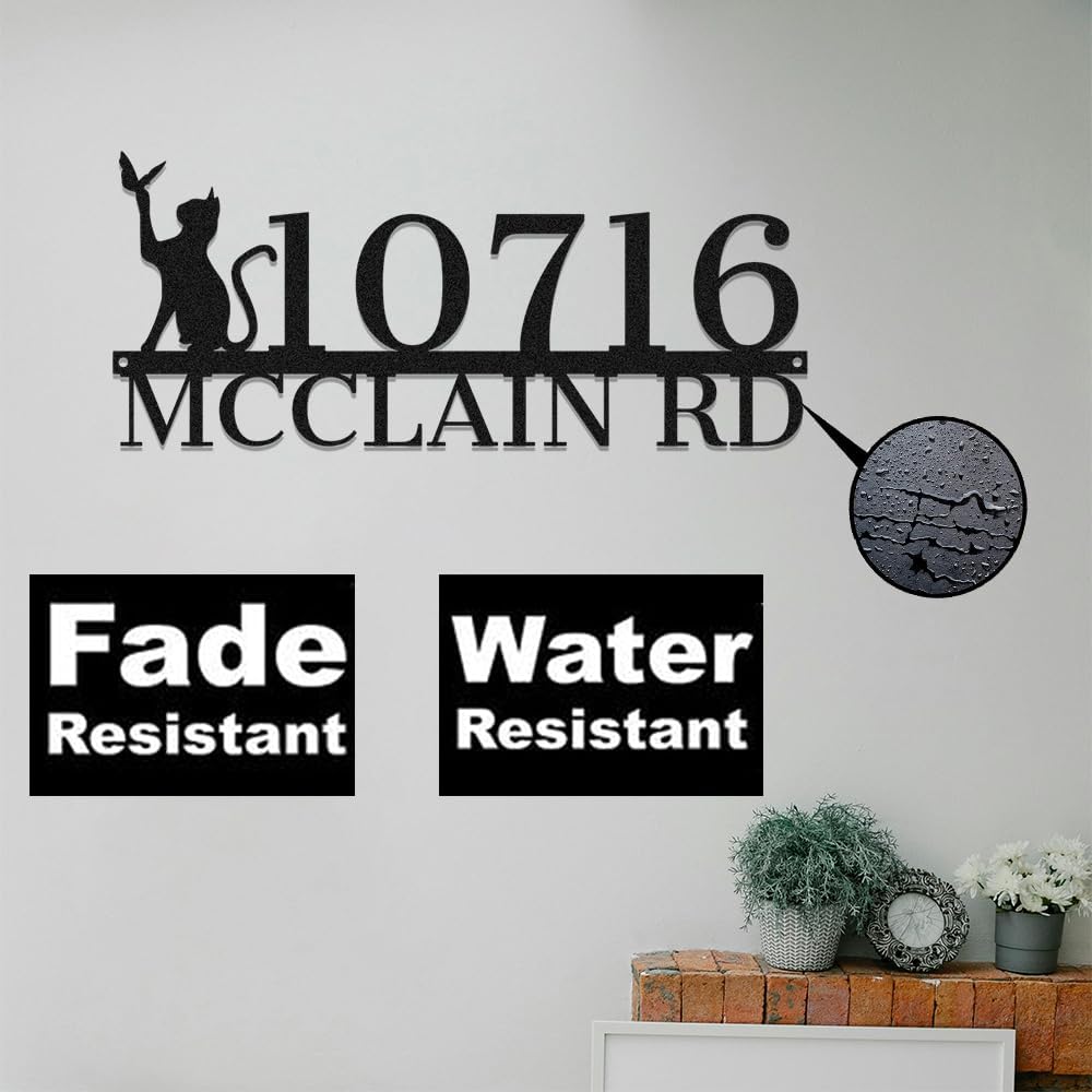 Personalized House Number Plaques Cat Metal Sign,Custom Street Address Signs with Name for Gate Fence,Customized Home Numbers Marker Gifts,Door Plate Monogram Letters Decor for Studio Office Garden