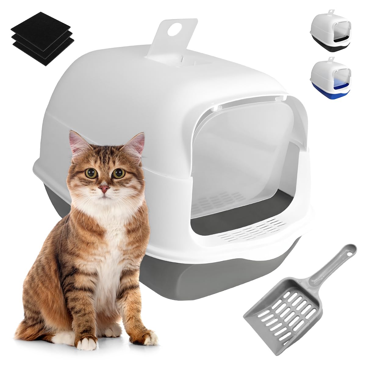 Raganet, Arenero/Inodoro para Gato Cerrado de 50cm X 35cm X 33cm, Caja de Arena para Gatos con Tapa y Puerta Abatible, Antiolores, Facil de Limpiar, Incluye Pala (Gris)