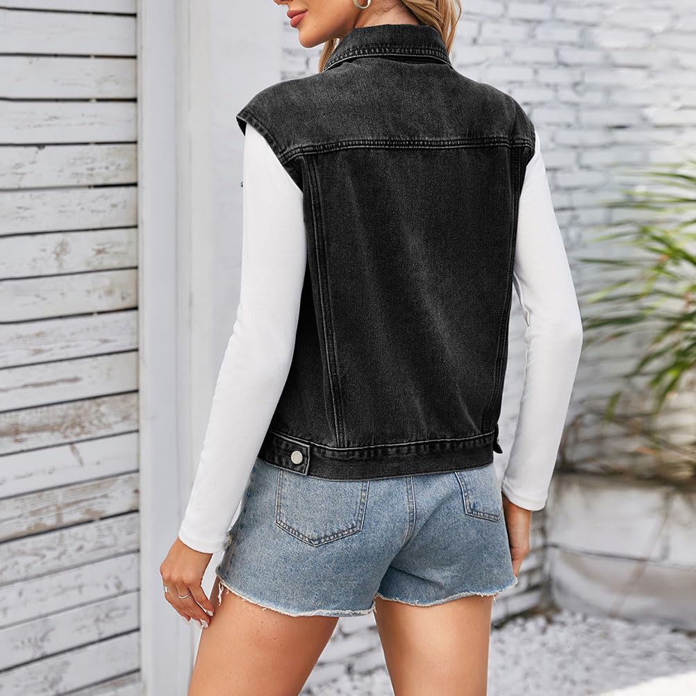 Gilet en Jean Femme Veste en Jeans sans Manches avec Poches et Boutons Veste en Denim sans Manches Ample Classique Boyfriend Jean Veste Jeans Jacket Outwear