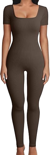 OQQ Monos deportivos de yoga para mujer, de manga corta, acanalados, cuello cuadrado, para entrenamiento