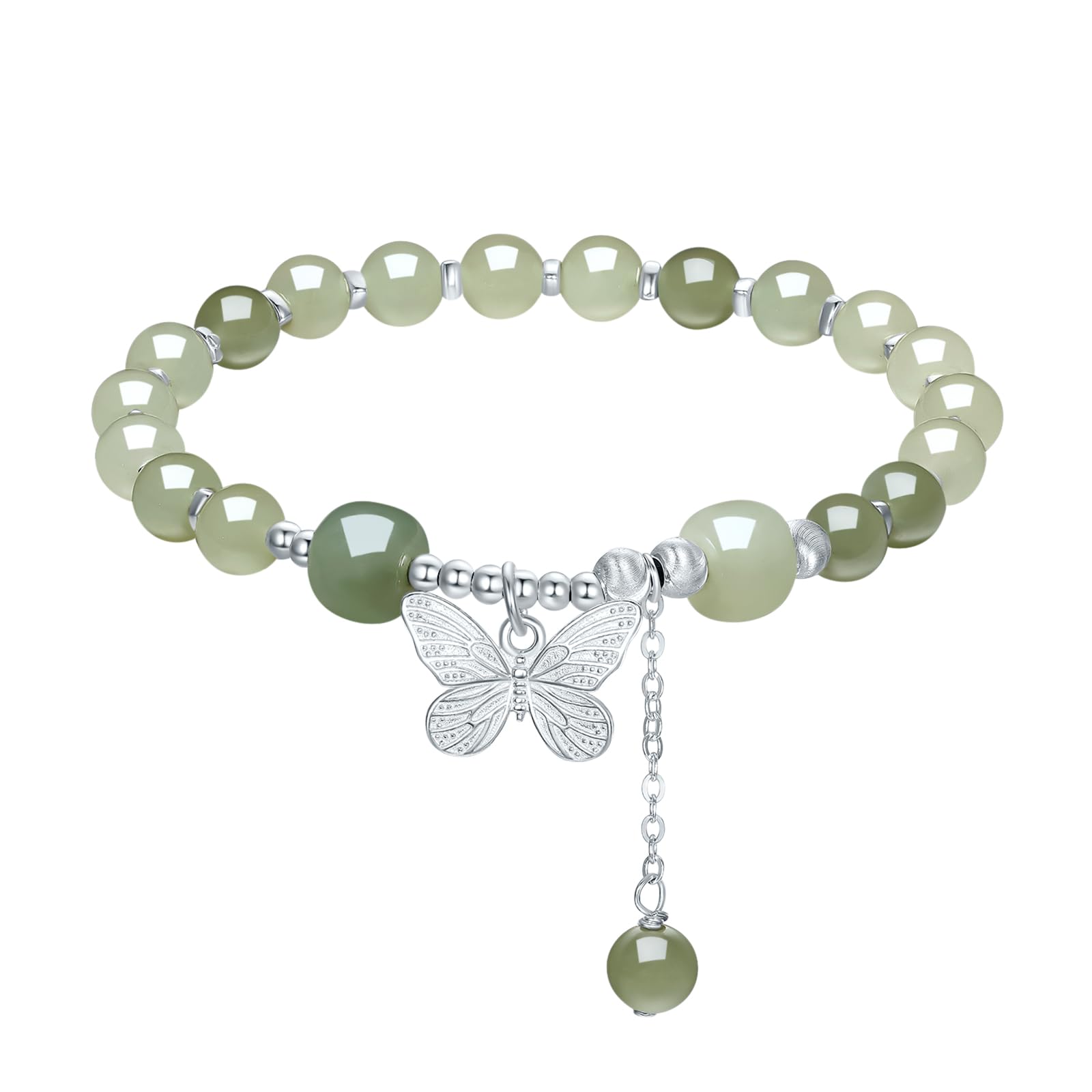 Pulseras de Cuentas de Plata esterlina para Mujeres S925 Silver Green Gemstone Bead Butterfly Pulsera estirle de Mariposa Mom cumpleaños