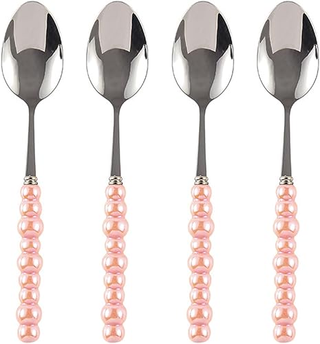 Miniatura 7 de Ouliget Cucharas de acero inoxidable, cuchara de mango de cerámica de acero inoxidable, cuchara de postre coreana con mango de perlas de imitación,