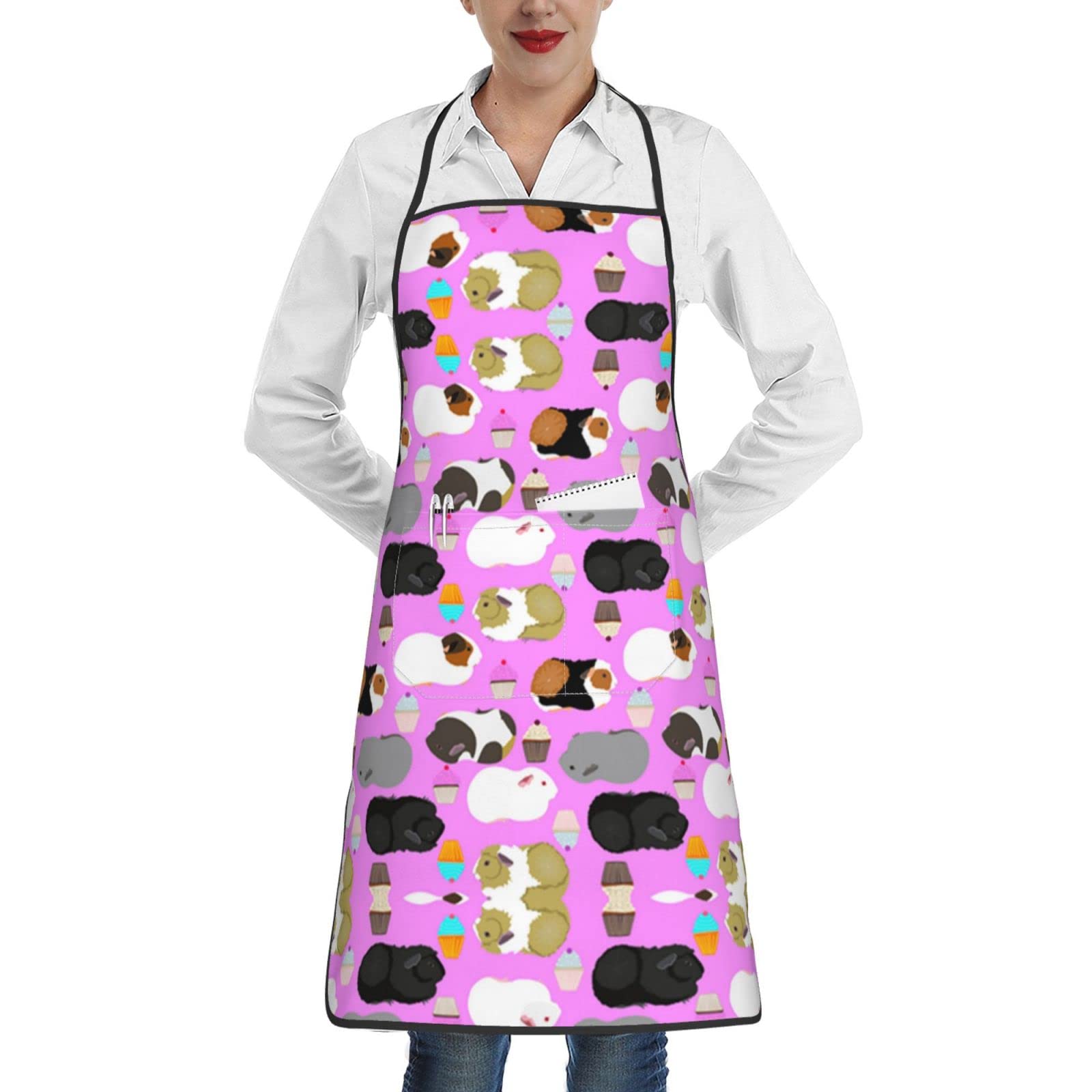 Pink Pig Apron Waterdrop Resistant With Pockets,Housework And Cooking Kitchen Aprons For Christmas Gift, Guinea Pigs and Cupcakes, One Size