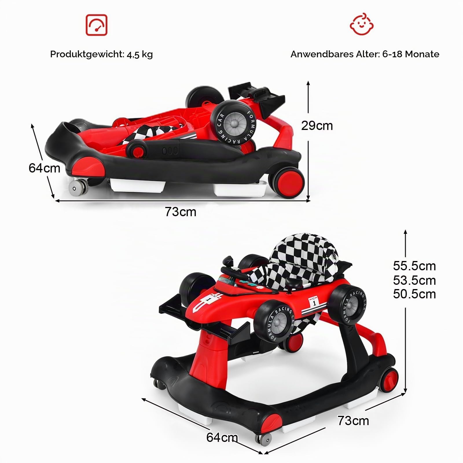 LIFEZEAL 4 in 1 Lauflernhilfe Baby, Höhenverstellbares & Klappbares Babywalker, Baby Gehfrei ab 6 Monate, Laufwagen mit einstellbarer Geschwindigkeit, Licht & Musik (rot)
