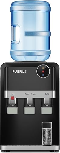 PUREPLUS Dispensador de enfriador de agua de carga superior, enfriador de agua de encimera para botellas de 3 o 5 galones, agua caliente y fría, 3
