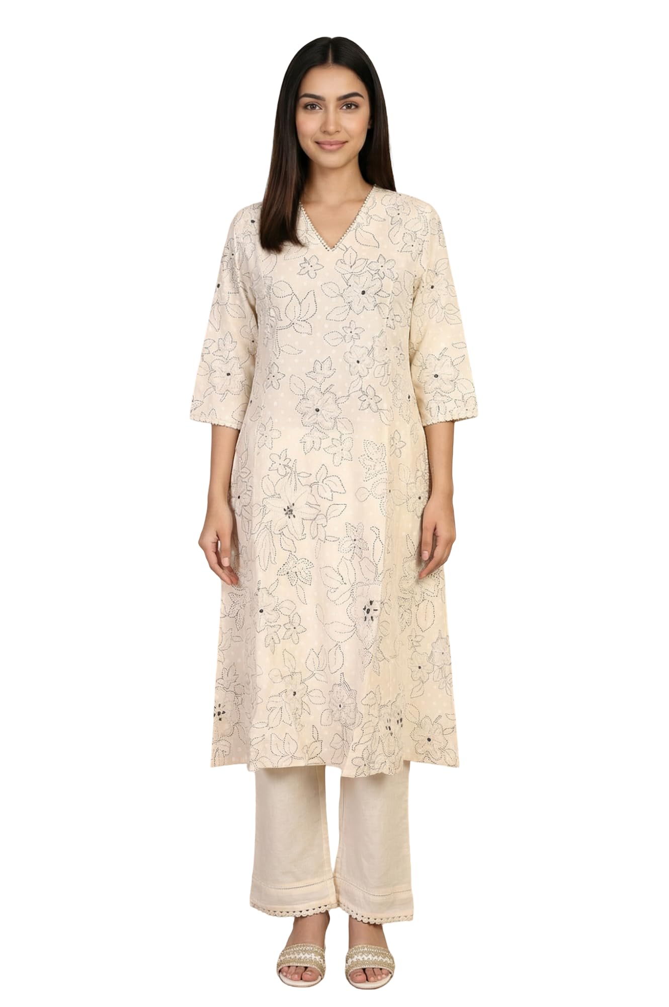 w for woman Floral Printed Thread Work Pure Cotton Straight Kurta with Pants Set-picture-12