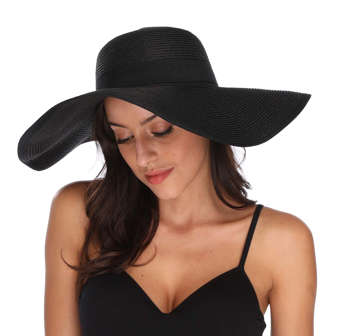 Lanzom Womens Sun Straw Hat Wide Brim Summer Hat Foldable Roll up Large Floppy Beach Hats, Style C-black, One Size - Image 3