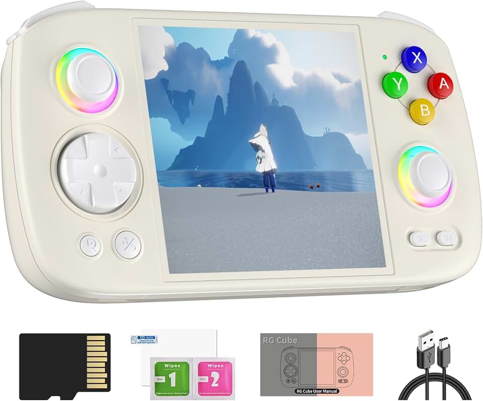 RGCube Console de jogos portátil Android 13 Game Player 10.0 cm IPS 128GB TF Cartão Unisoc T820 Iluminação RGB (bege branco)