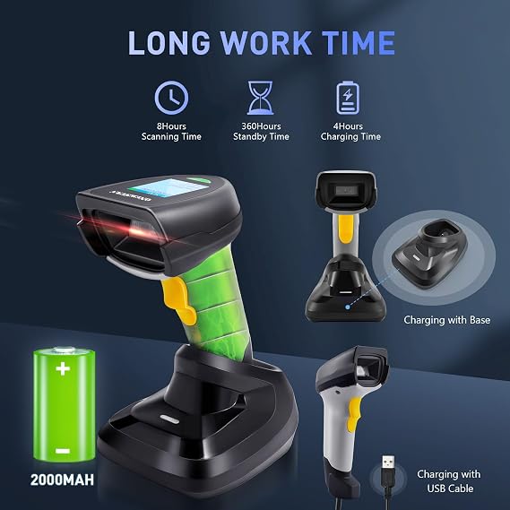Barcode Scanner Wireless, ONEWSCAN 1D CCD Barcode Reader with Smart Base Stand 2.4G Wireless & USB Wired Connection Plug and Play Handheld Bar Code Scanners with Screen