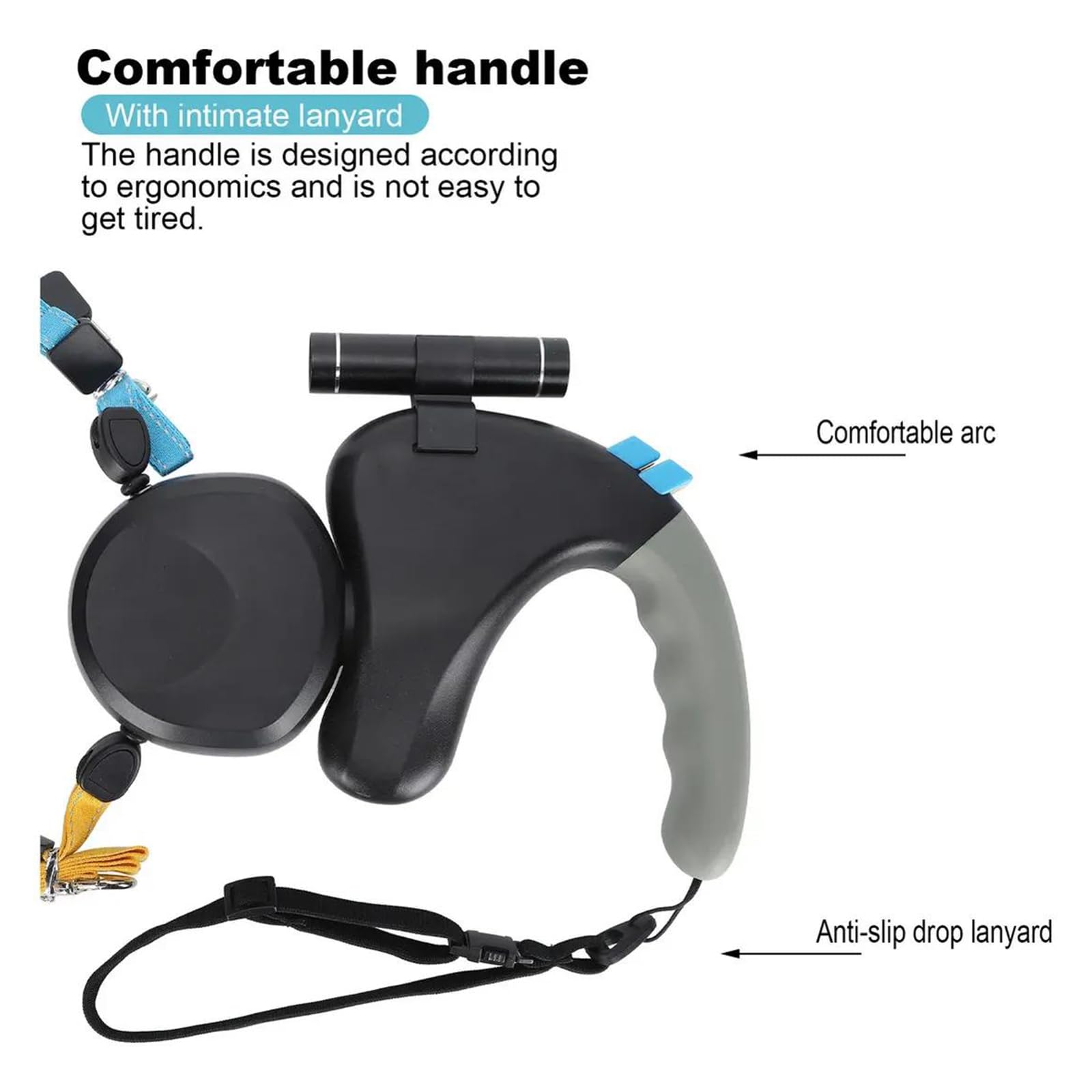Laisse Rétractable Automatique pour Deux Chiens, Anti-nœuds Grâce à Sa Double Poignée à 360°, Lampe De Poche LED Et Sac, pour Les Promenades De Petits Chiens sur De Longues Distances(Blue)