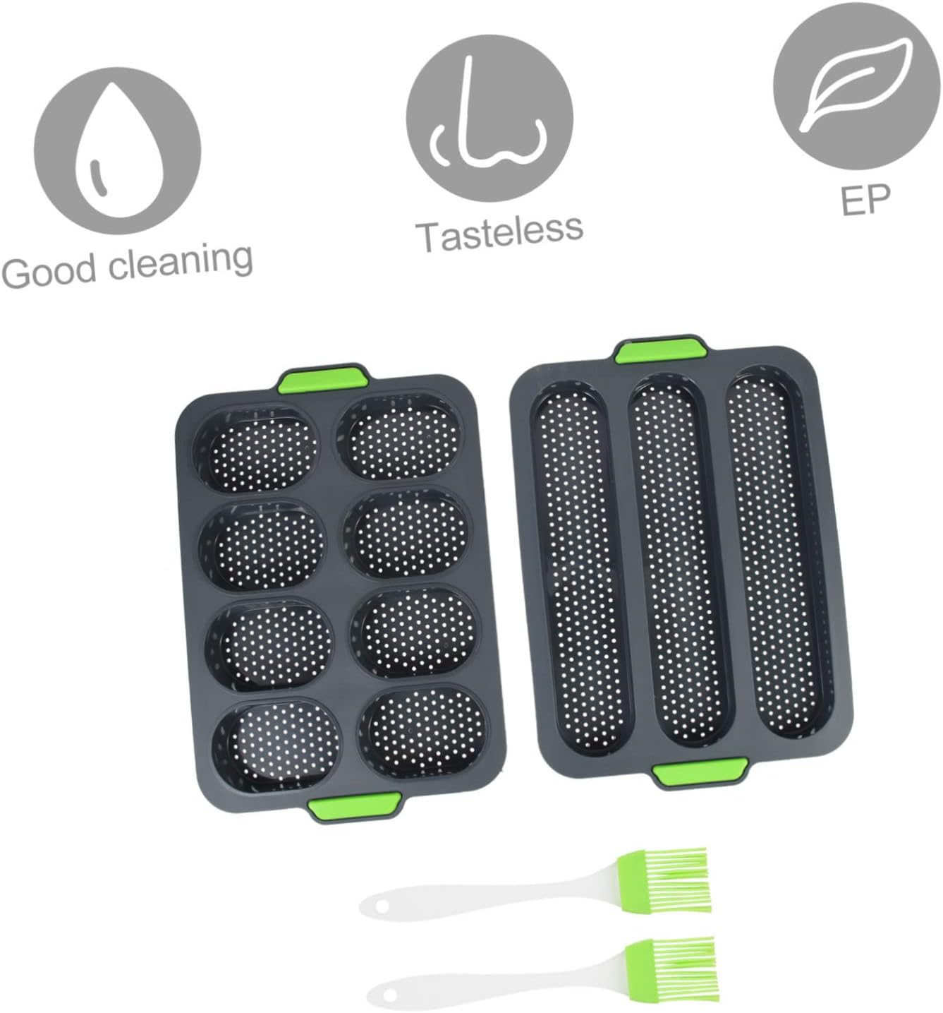 SOLUSTRE 4-Piece Silicone Bread Baking Set 8-Cavity Oval Cake Mold 3-Slot Baguette Pan and Brush Non-Stick French Bread Molds for Home Baking