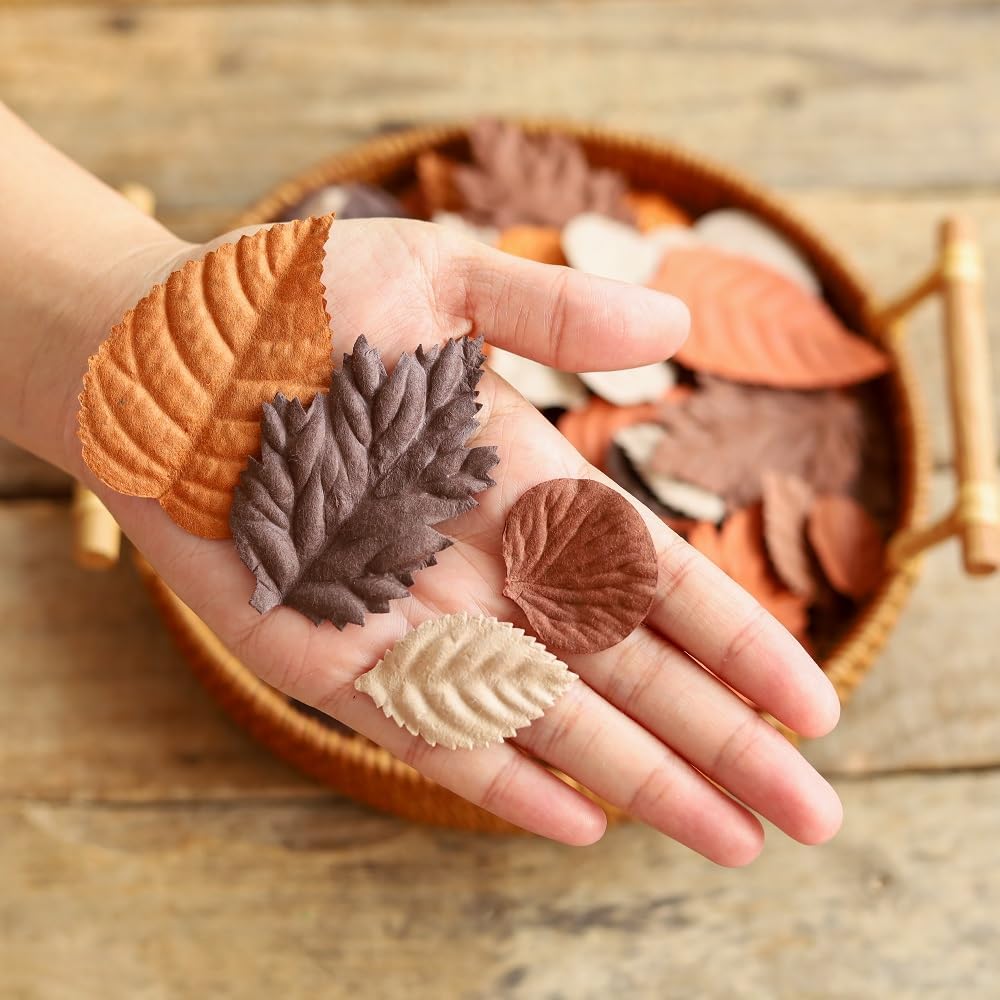 100 pcs Mlberry Paper Leaves Rose Leaves Sunflowers Leaves Hydrangea Leaves Lotus Leaves Scrapbooking Wedding DIY Craft Supplies Card (Mixed Leaves Brown Tone...) - Image 2