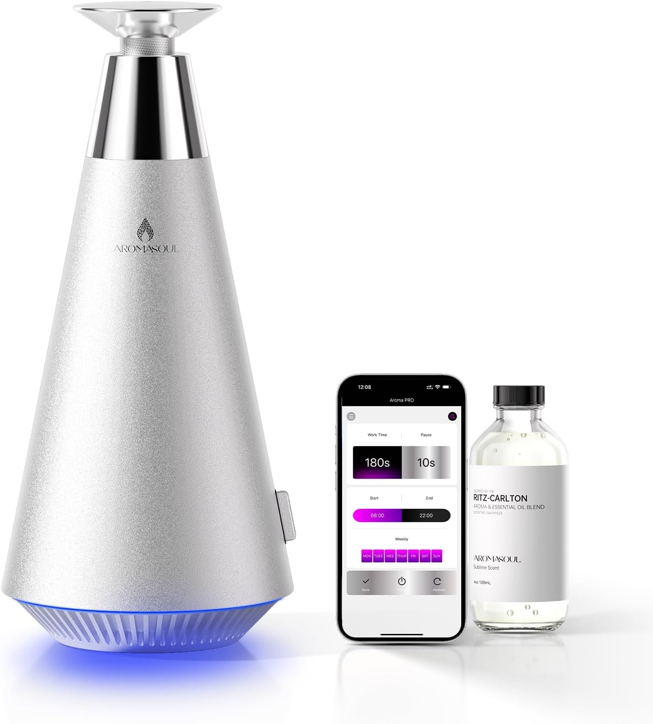 AROMASOUL i7 Waterless Scent Diffuser with essential oil bottle and smartphone app interface