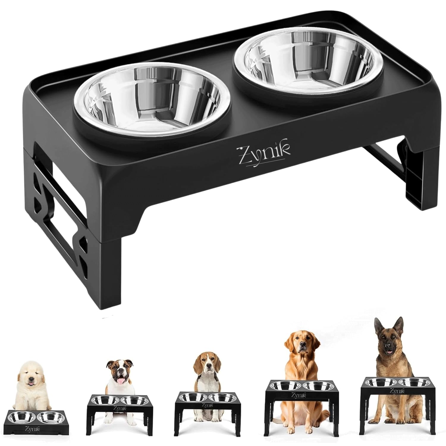 Zynik Raised Dog Bowl 5 Height Adjustable, Elevated Dog bowls with 2x 1300ML Stainless Steel Bowls, for Small Medium & Large Dogs, Non-Slip and No Spill, Black