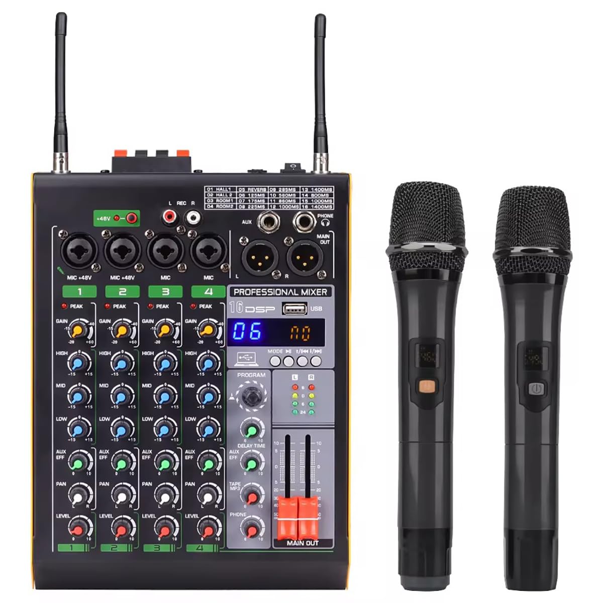 Consola de Mezcla de 4 Canales, Mezclador de Audio portátil Bluetooth, 16 Efectos DSP, Entrada USB/MP3, con 2 micrófono inalámbrico de frecuencia Ajustable para Estudio