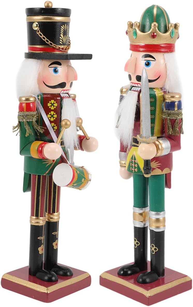 Wooden Nutcracker Soldier and Drum Figurines 30cm Christmas Nutcracker Decorations 2pcs Wood Ornaments for Holiday Table and Shelf Display