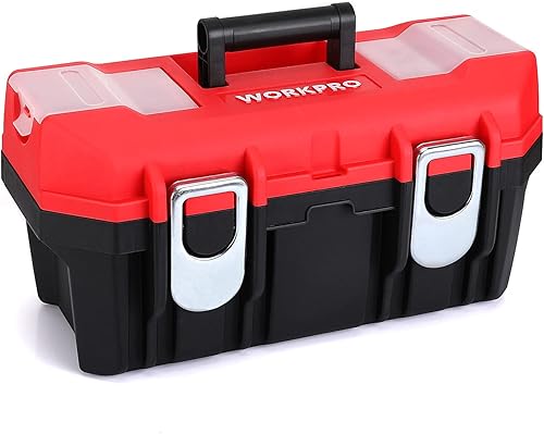 WORKPRO Caja de herramientas portátil de 16 pulgadas con bandeja extraíble, caja de herramientas resistente con 2 pestillos de metal, clasificados