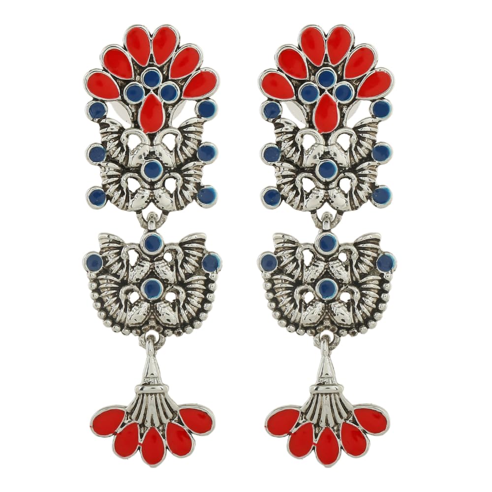 EsteleSilver Oxidised Dsesigner Multicolour Floral Meenakari Dangle Drop Earrings For Girls and Women
