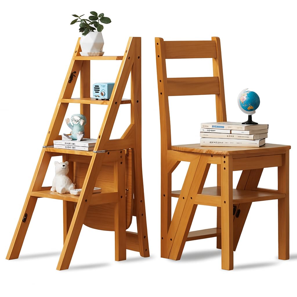 4 Step Ladder Folding 2 in 1 Ladder and Chair Wooden Folding Ladder Up to 180kg Suitable for Kitchen, Home, Libraries (Honey)