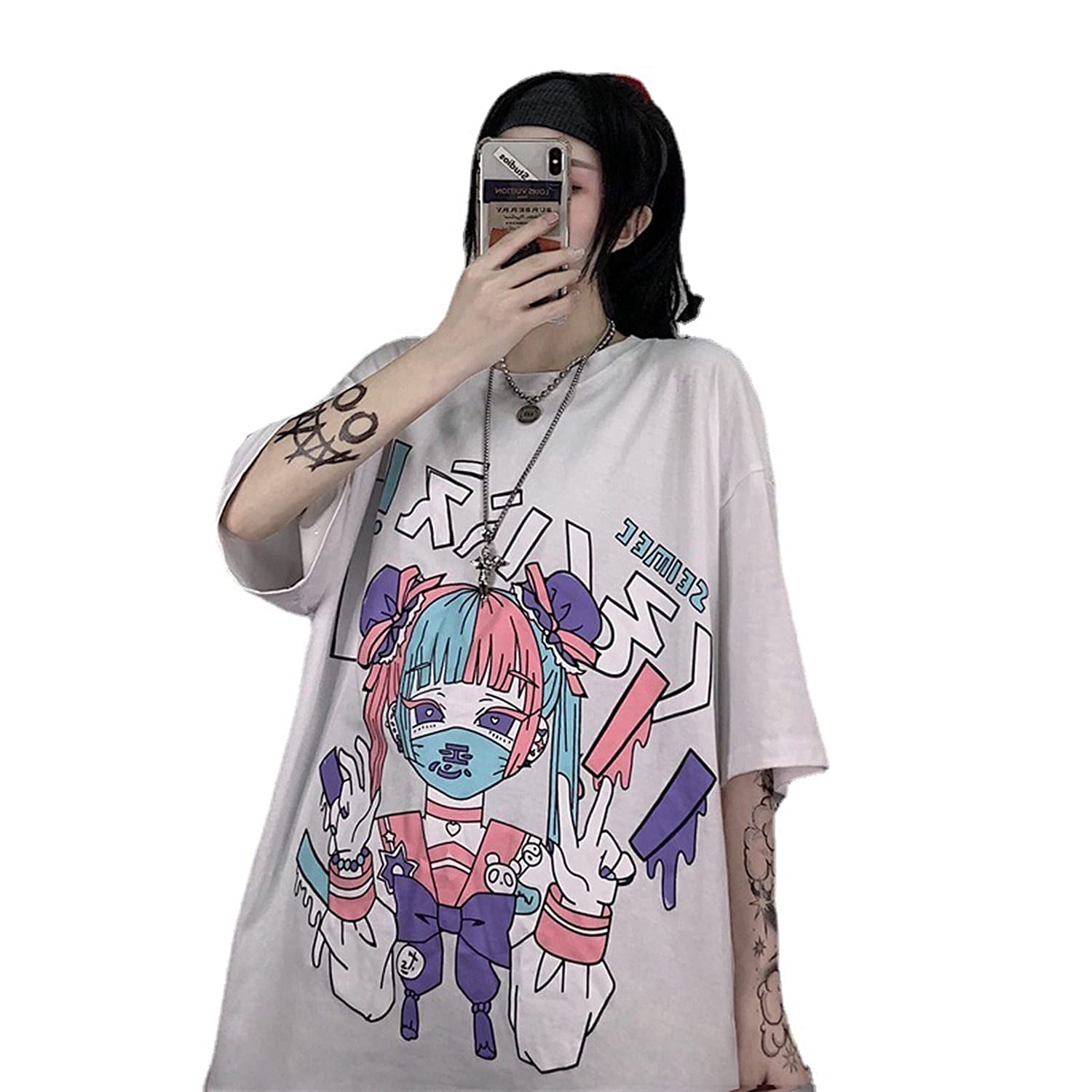 Women Summer Gothic T-Shirt Anime Aesthetic Print Harajuku Fashion Casual Tops: Large White3