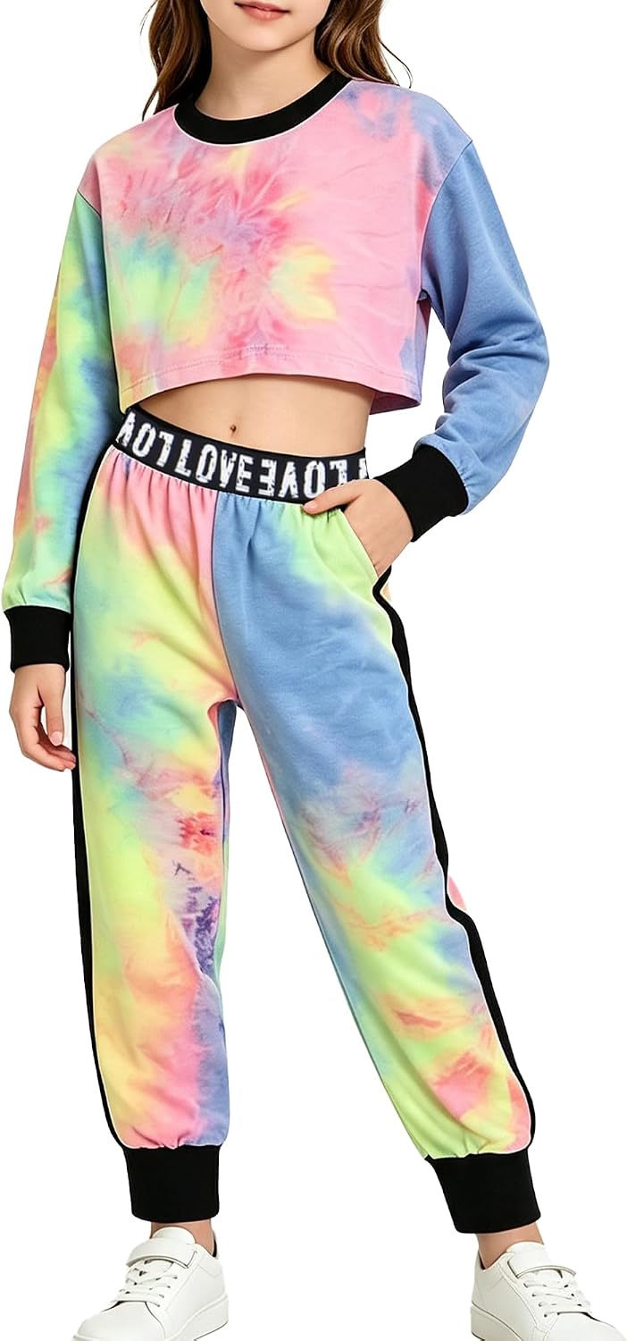 Betusline Girls Sweatsuit, Long Sleeve Crop Top Jogger Pants, 4T-14Y