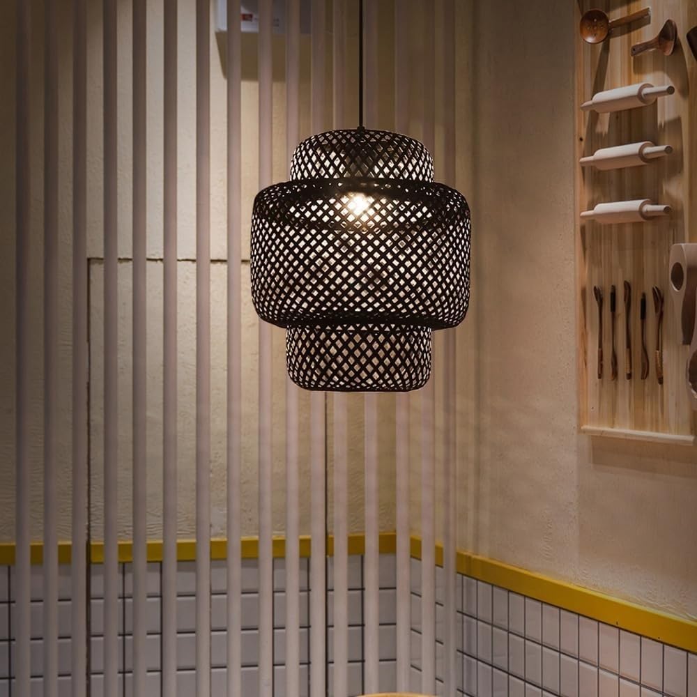 Hertl Lámpara colgante retro, moderna lámpara de techo de mimbre hecha a mano, lámpara de techo de bambú tropical, linterna Zen de estilo chino for bar, cafetería, dormitorio, isla de cocina