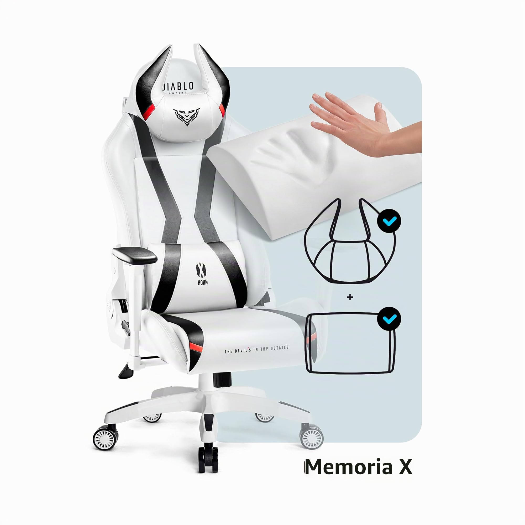 Diablo X-Horn Silla Gaming Oficina Gamer Apoyabrazos 3D Cojín Ajustable Diseño Ergonómico Cuero Sintético Función de Inclinación Blanco Normal (L)