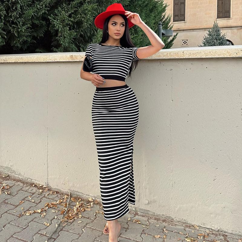 Womens Striped Outfits Short Sleeve Crop Top High Waist Slit Maxi Skirt Summer Casual Set2