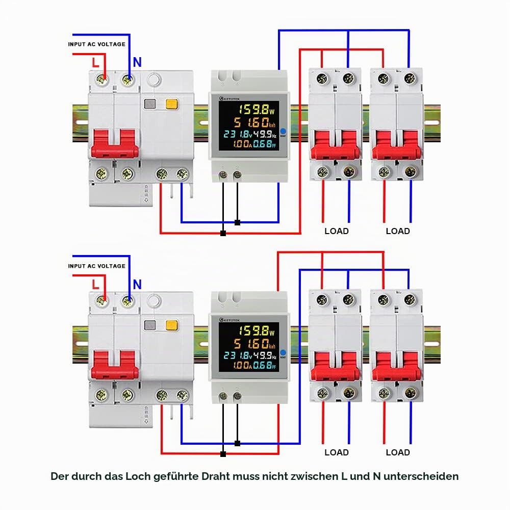 KETOTEK Stromzähler Hutschiene, Digitaler Energiezähler 6in1, AC40-300V 100A Wechselstromzähler KWh Zähler, Amperemeter Voltmeter Din, Geschlossenem Typ CT