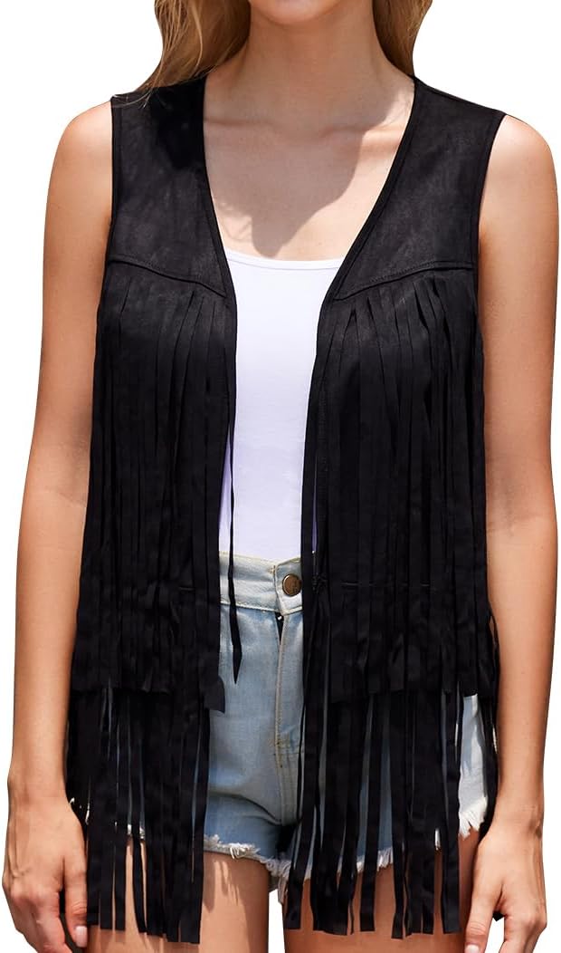 Women's Fringe Vest Cowgirl Western Vest 60s 70s Hippie Faux Suede Tassel Jacket Co...