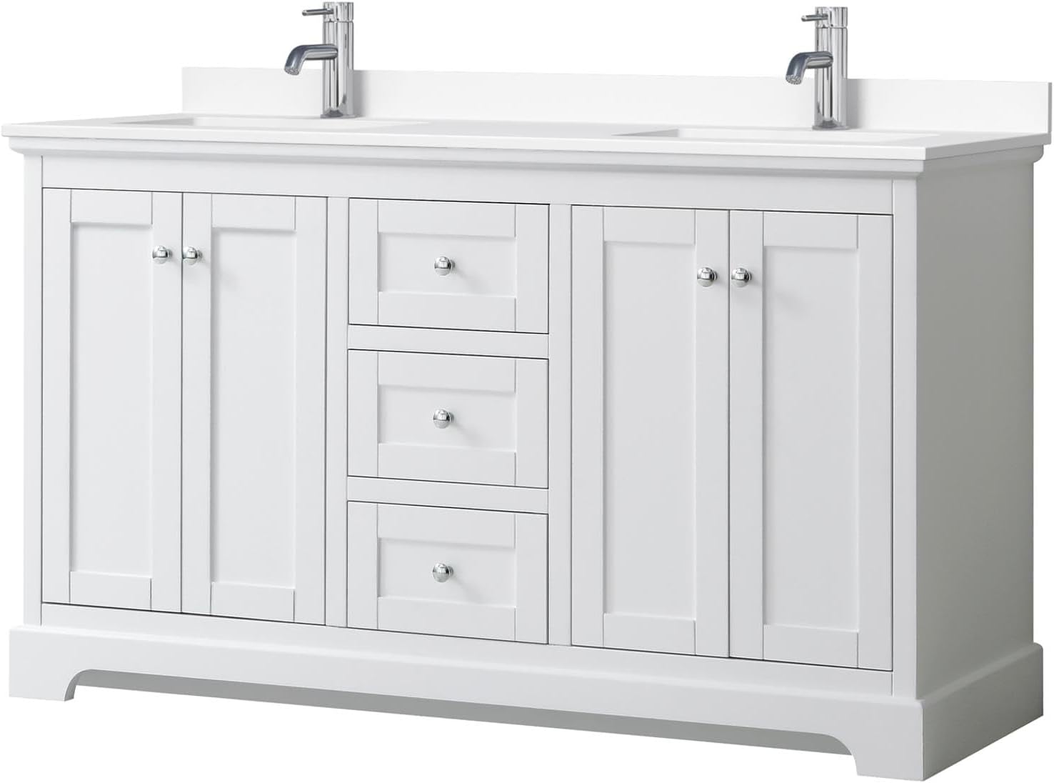 Avery 60 Inch Double Bathroom Vanity in White, White Cultured Marble Countertop, Undermount Square Sinks, No Mirror