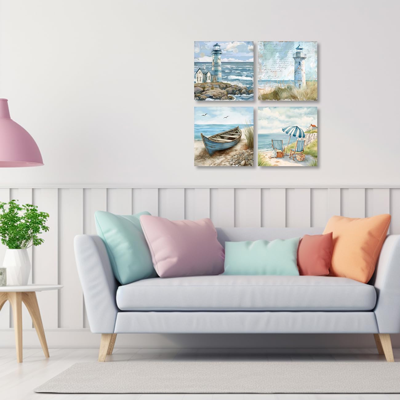 ZQQART Leinwandbild Bootsmotiv 4-teilig nautisches Boot Leuchtturm Stühle Meereslandschaft Küstengemälde Wanddekoration 30x30cm