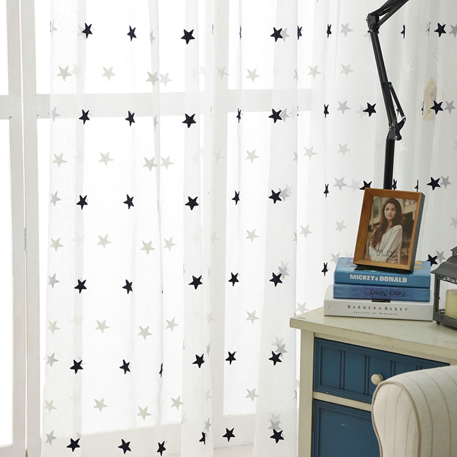 Gardinen Vorhänge Stern Bestickt Transparent Blau und Weiß 214 Höhe, Polyester Transparent Vorhang 2 Stück Ösen für Schlafzimmer, H214 x B132 cm