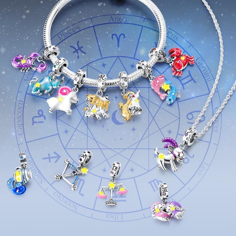 Pandach 12 Zodiac Sign Birthday Charms 925 Sterling Silver Birthstone Charms Fits Women's Charm Bracelet Necklace Bangle Gifts for Womens Friends - Image 6