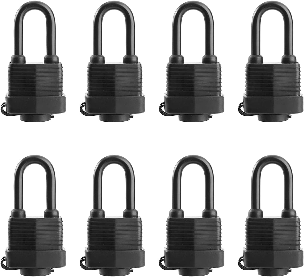 - Waterproof Padlocks Keyed Alike for Outdoor use, Covered Heavy Duty Laminated Steel Lock, 1-9/16 Inch. Wide, Long Padlock, Pack of 8